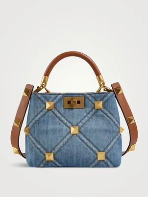 Small Roman Stud Denim Top Handle Bag