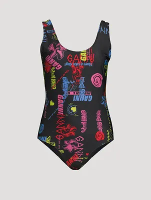 Twisted Strap One-Piece Swimsuit Graffiti Print