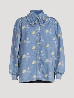 Puff-Sleeve Denim Shirt Floral Print