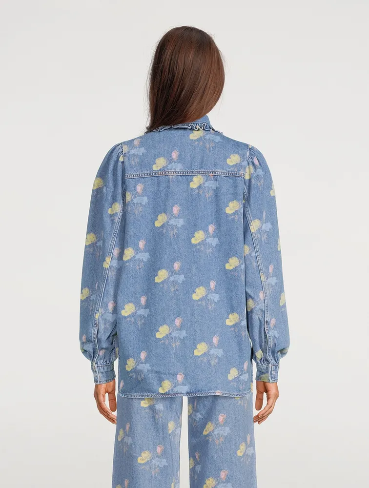 Puff-Sleeve Denim Shirt Floral Print
