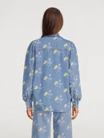 Puff-Sleeve Denim Shirt Floral Print