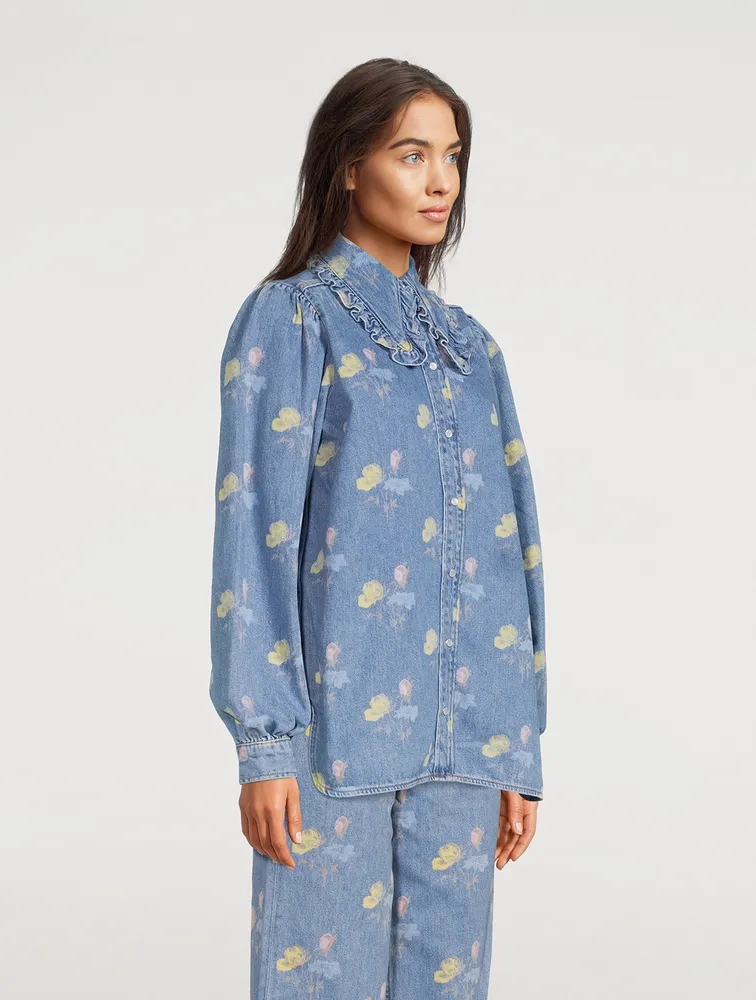 Puff-Sleeve Denim Shirt Floral Print