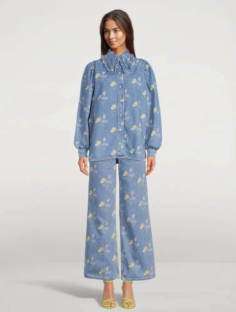Puff-Sleeve Denim Shirt Floral Print