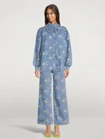Puff-Sleeve Denim Shirt Floral Print