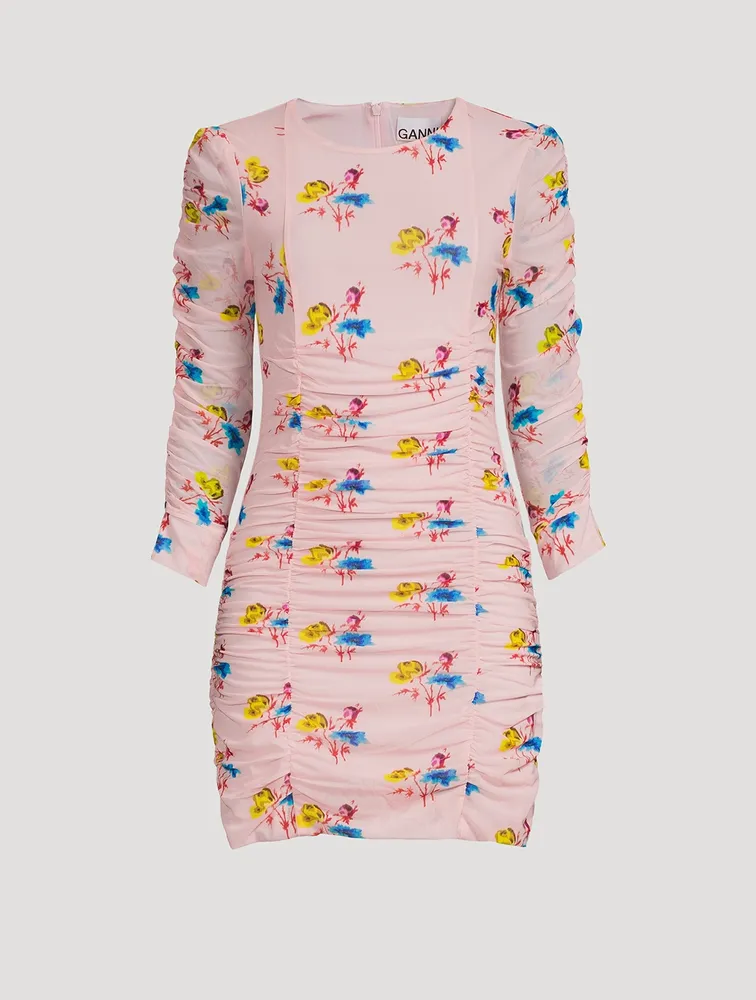 Ruched Mesh Mini Dress Floral Print