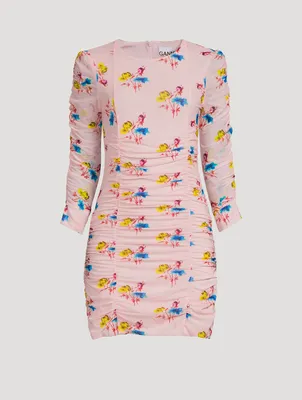 Ruched Mesh Mini Dress Floral Print
