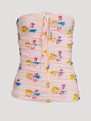 Ruched Mesh Halter Top Floral Print