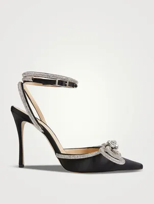 Double Bow Crystal-Embellished Satin Pumps