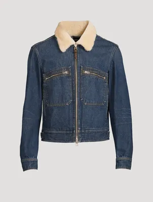 Denim Zip Blouson Jacket With Shearling Collar