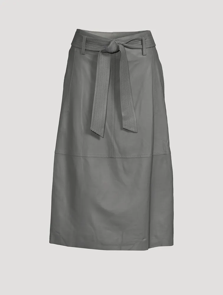 Belted Leather Midi Skirt