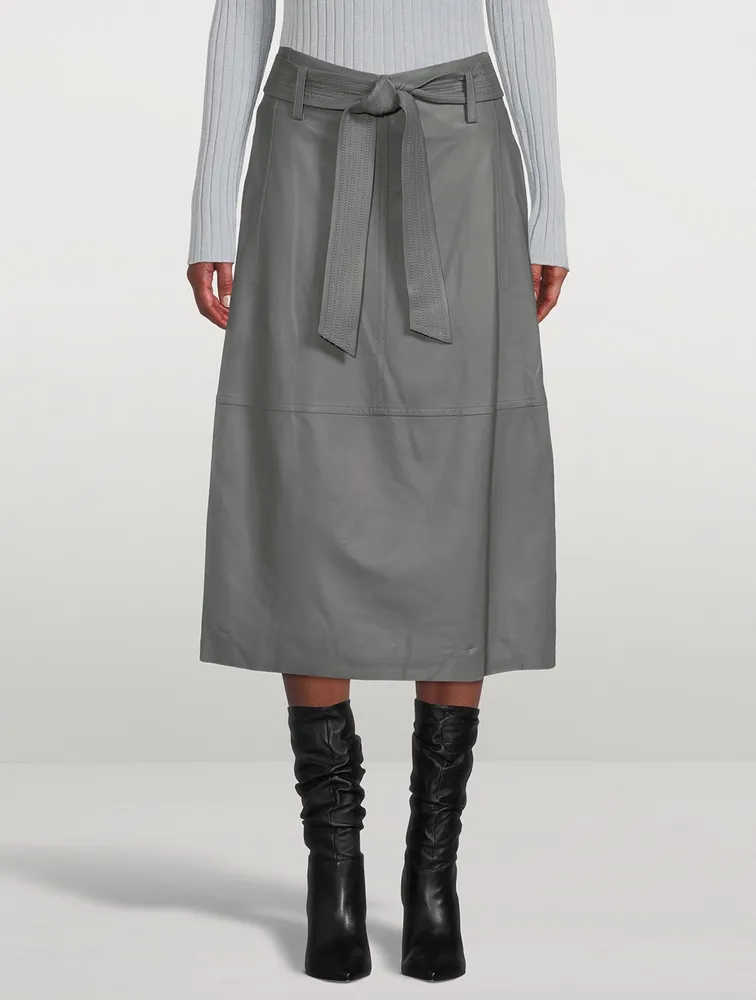 Belted Leather Midi Skirt