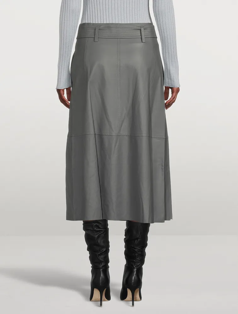 Belted Leather Midi Skirt
