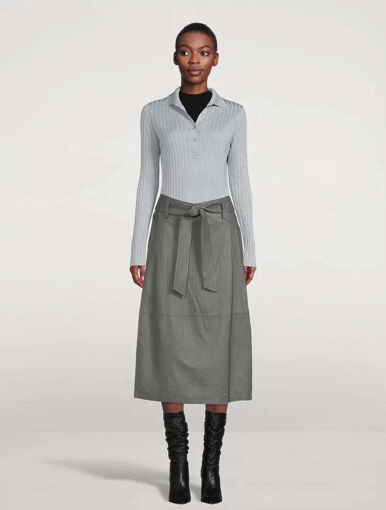 Belted Leather Midi Skirt