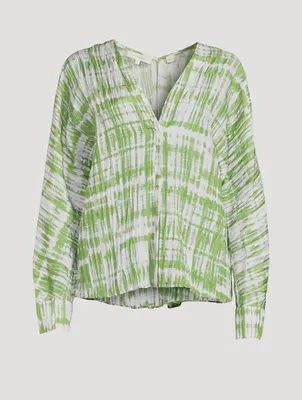 Silk Double V-Neck Blouse Tie Dye Print