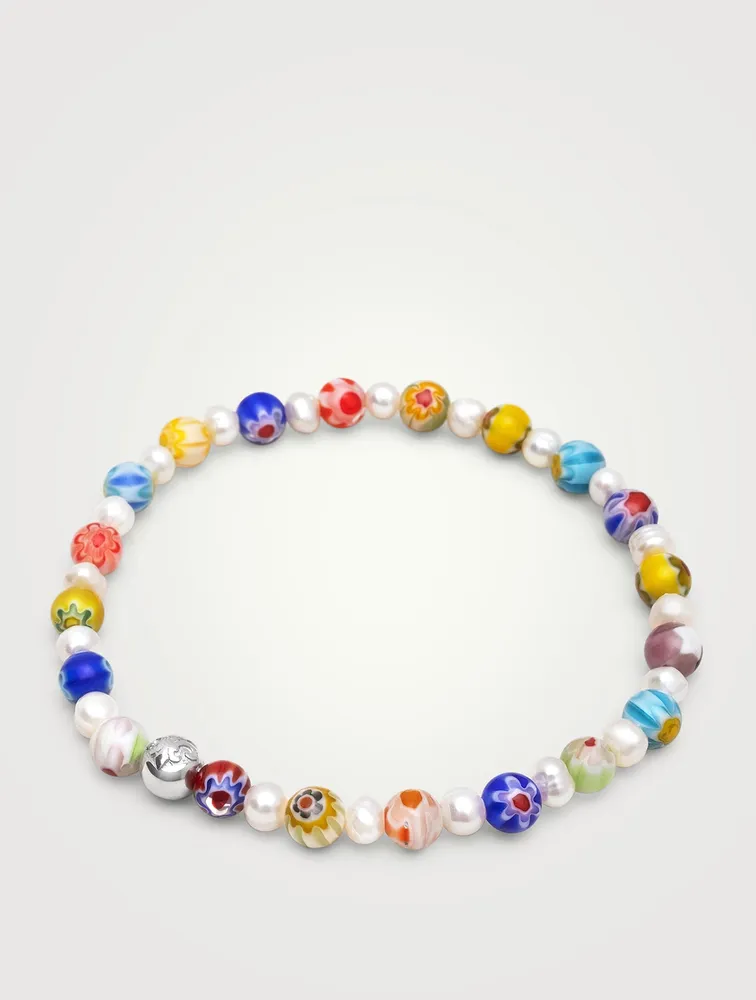 Hand-Painted Glass Bead And Pearl Bracelet