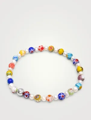 Hand-Painted Glass Bead And Pearl Bracelet