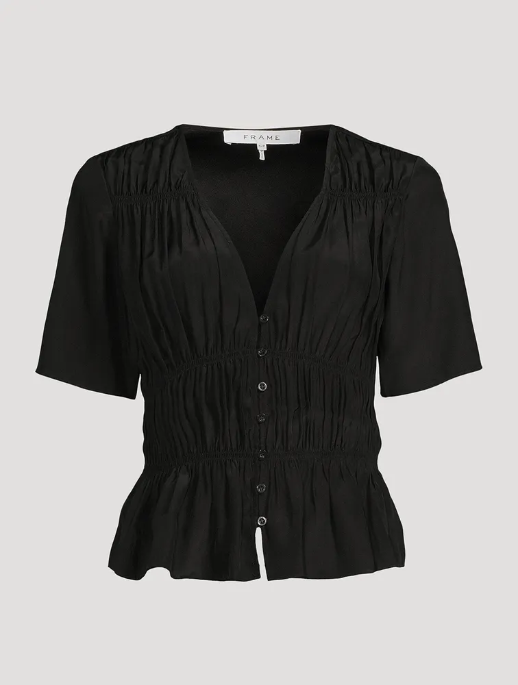 Ruched Silk V-Neck Blouse
