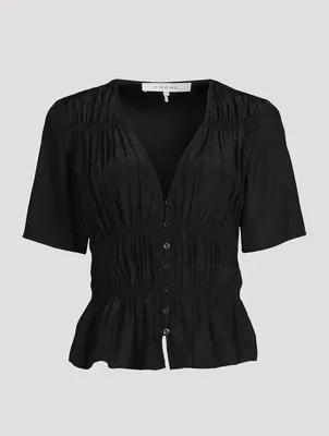 Ruched Silk V-Neck Blouse