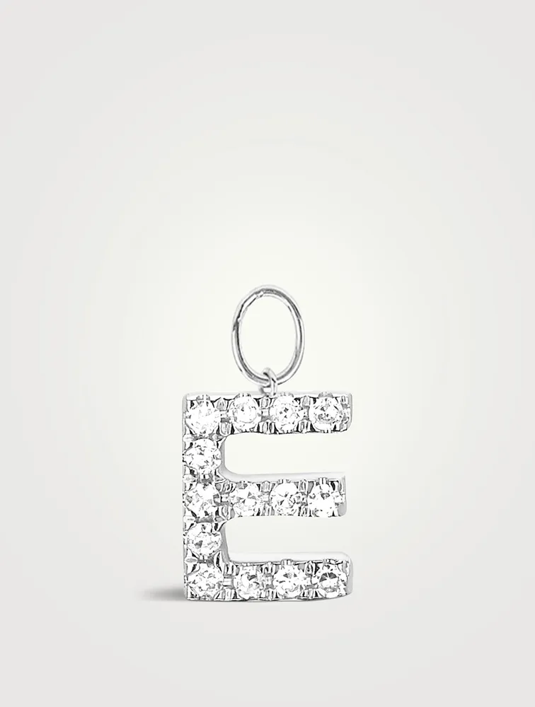 14K White Gold "E" Intial Huggie Charm With Diamonds