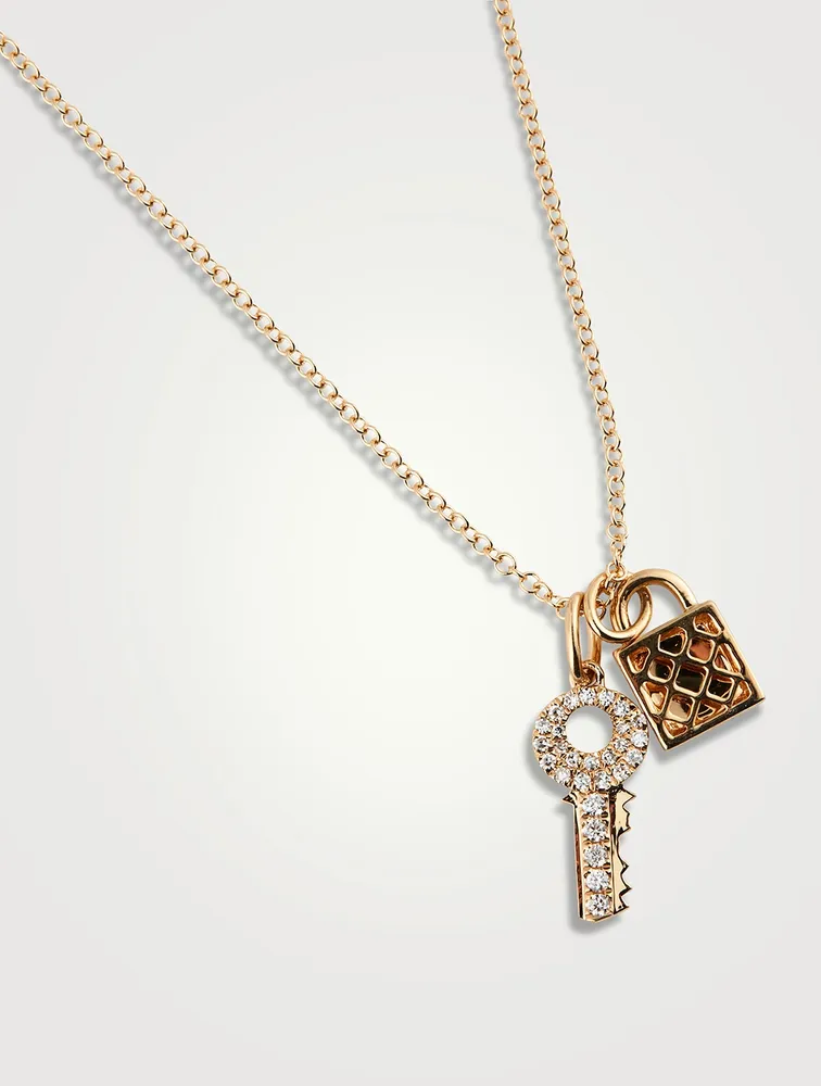 14K Gold Lock And Key Necklace With Diamonds