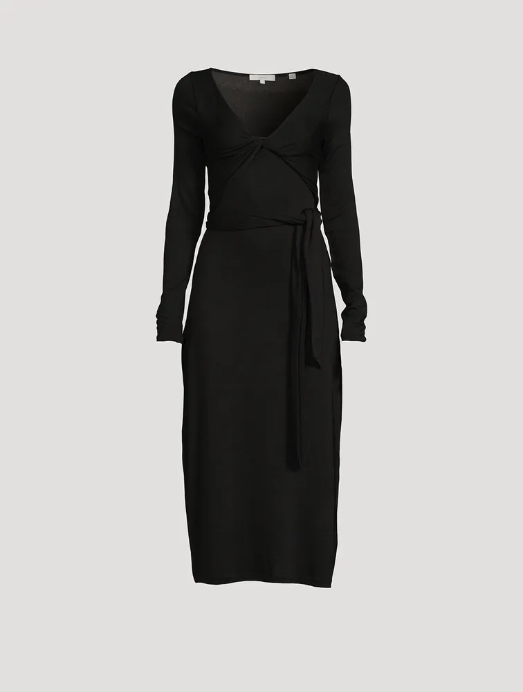 Long-Sleeve Wrap Midi Dress