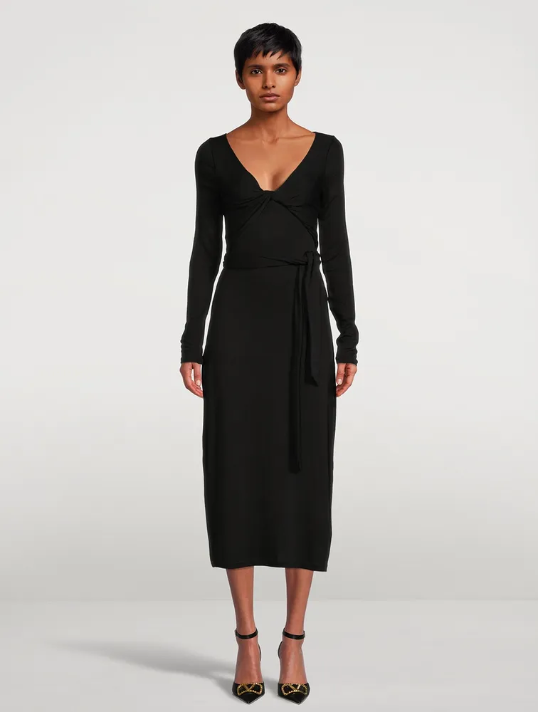 Long-Sleeve Wrap Midi Dress