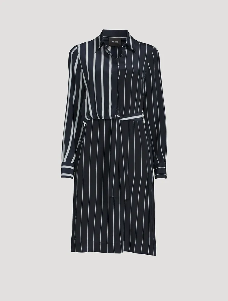 Silk Crêpe Side-Tie Shirt Dress In Stripe Print