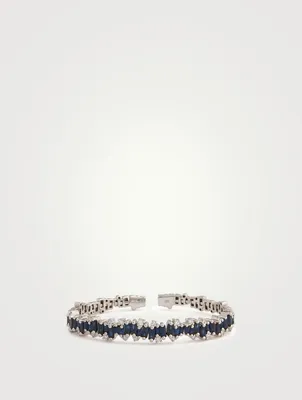 Fireworks 18K White Gold Flexible Bangle Bracelet With Dark Blue Sapphires And Diamonds