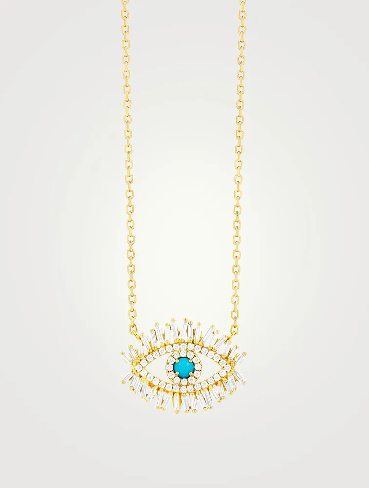 Medium 18K Gold Pavé Evil Eye Pendant Necklace With Turquoise And Diamonds