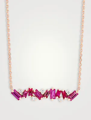 18K Rose Gold Fireworks Bar Necklace Rubies Diamonds