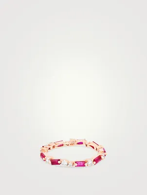 Fireworks 18K Rose Gold Thin Mix Eternity Band Ring With Rubies And Diamonds