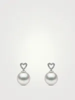 18K White Gold South Sea Pearl Heart Drop Earrings With Diamonds