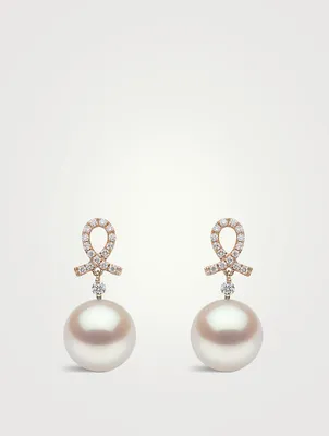 18K Rose Gold Pearl Drop Earrings With Diamonds