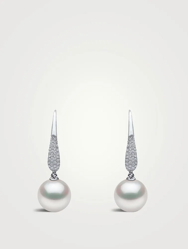 18K White Gold Pearl Drop Earrings With Diamonds