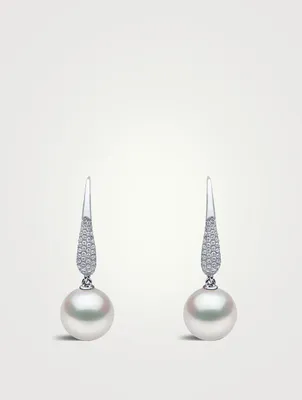 18K White Gold Pearl Drop Earrings With Diamonds