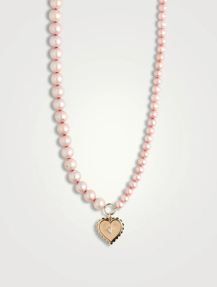 Pearls Necklace With 14K Gold Diamond Heart Charm