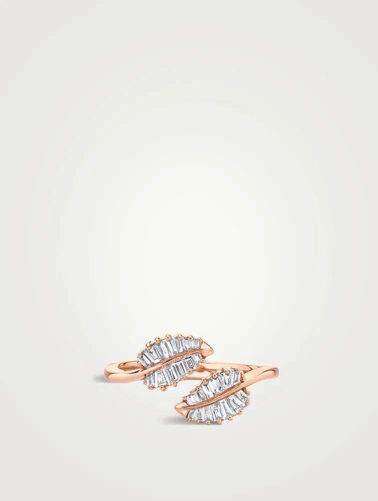 Small 18K Rose Gold Palm Leaf Ring With Diamonds