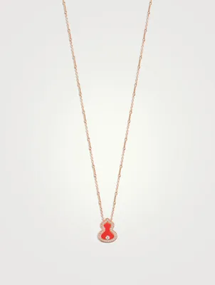Large Wulu 18K Rose Gold Necklace With Red Agate And Diamonds