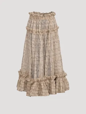 Ruffled Tulle Maxi Skirt Logo Print