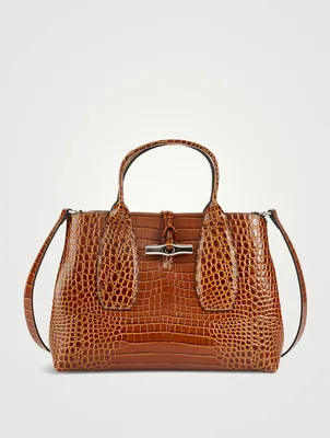 Medium Roseau Croc-Embossed Leather Top Handle Bag