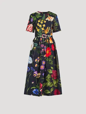 Belted Poplin Midi Dress Floral Print