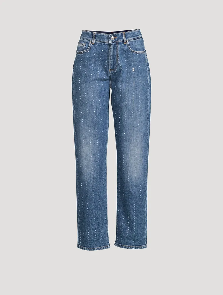 Diamanté Striped Straight-Leg Jeans