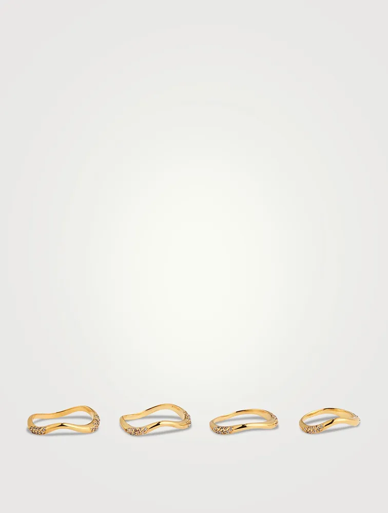 Set of Four Feminine Waves 18K Gold-Plated Rings With Cubic Zirconia