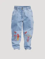 Paperbag Jeans With Mushroom Embroidery