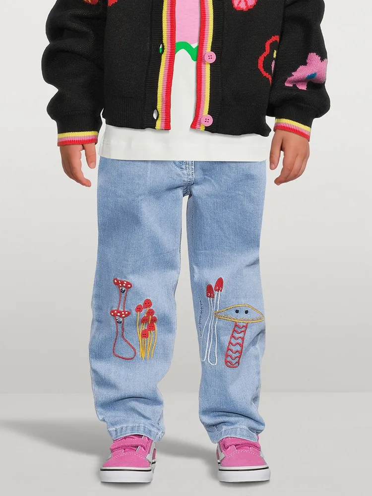 Paperbag Jeans With Mushroom Embroidery