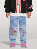 Paperbag Jeans With Mushroom Embroidery
