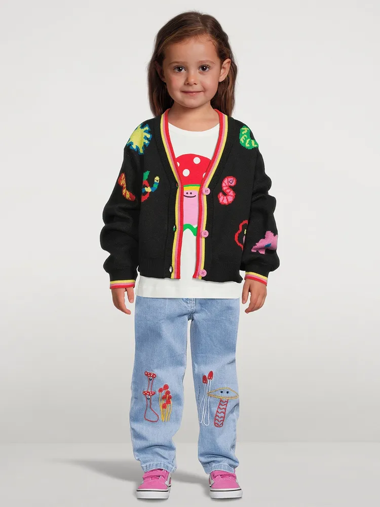Paperbag Jeans With Mushroom Embroidery