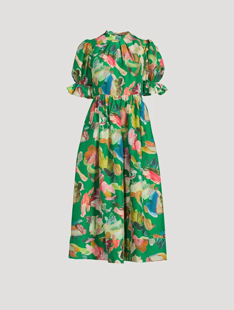 Arlo Puff-Sleeve Silk Midi Dress