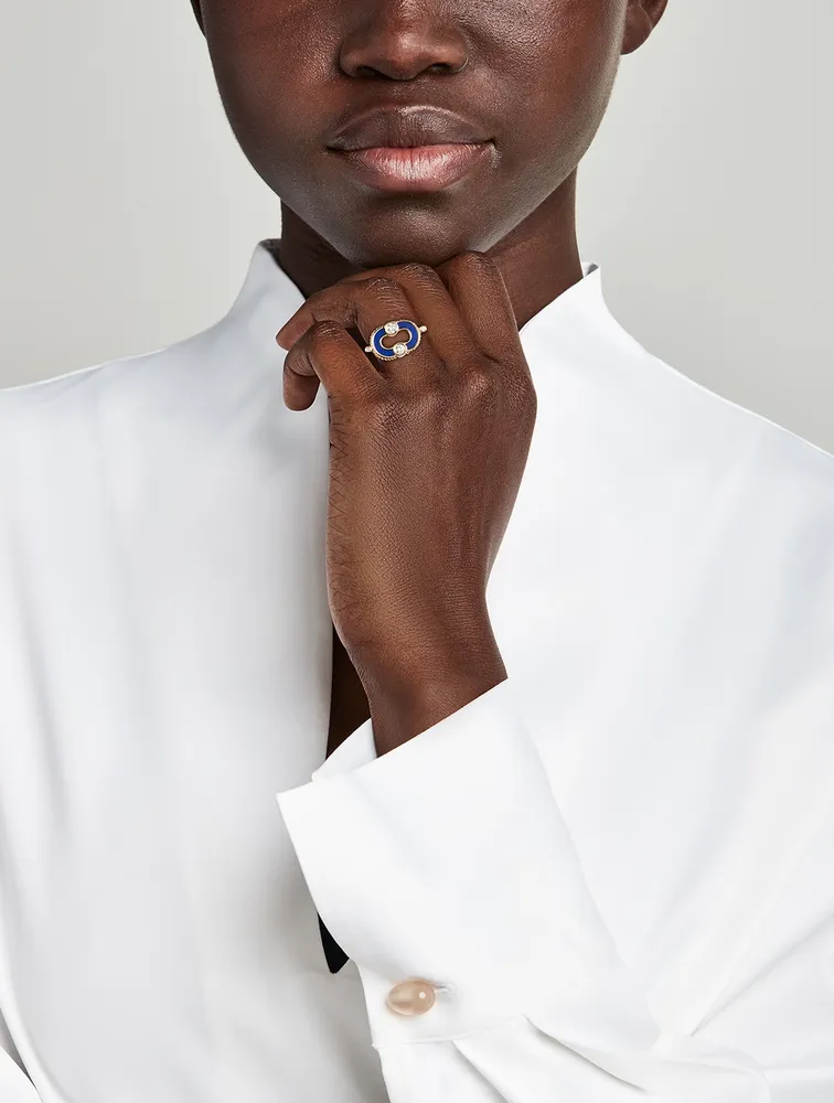 Magnetic 18K Gold Lapis Lazuli Ring With Diamonds