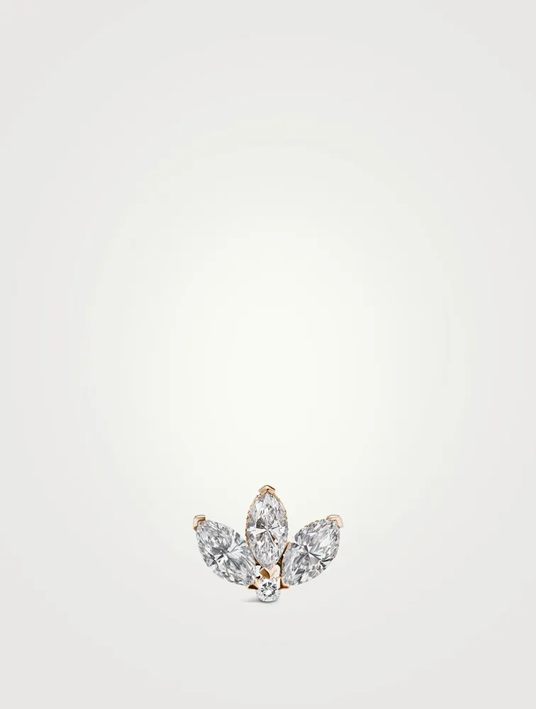 18K Gold Engraved Lotus Threaded Stud Earring With Diamonds